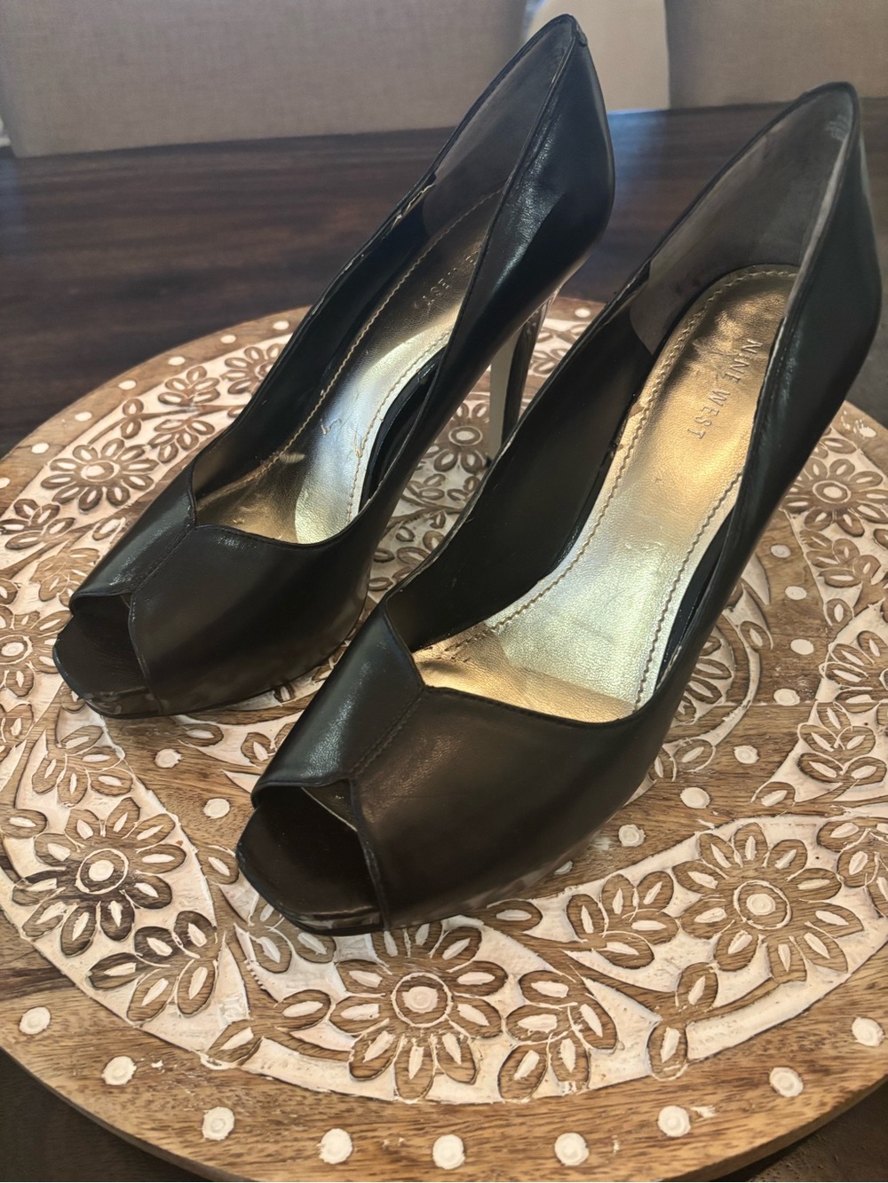 Nine West Black Leather Peep Toe High Heels